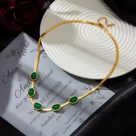 Oval Green Crystal Pendant Necklace Set With Bracelet