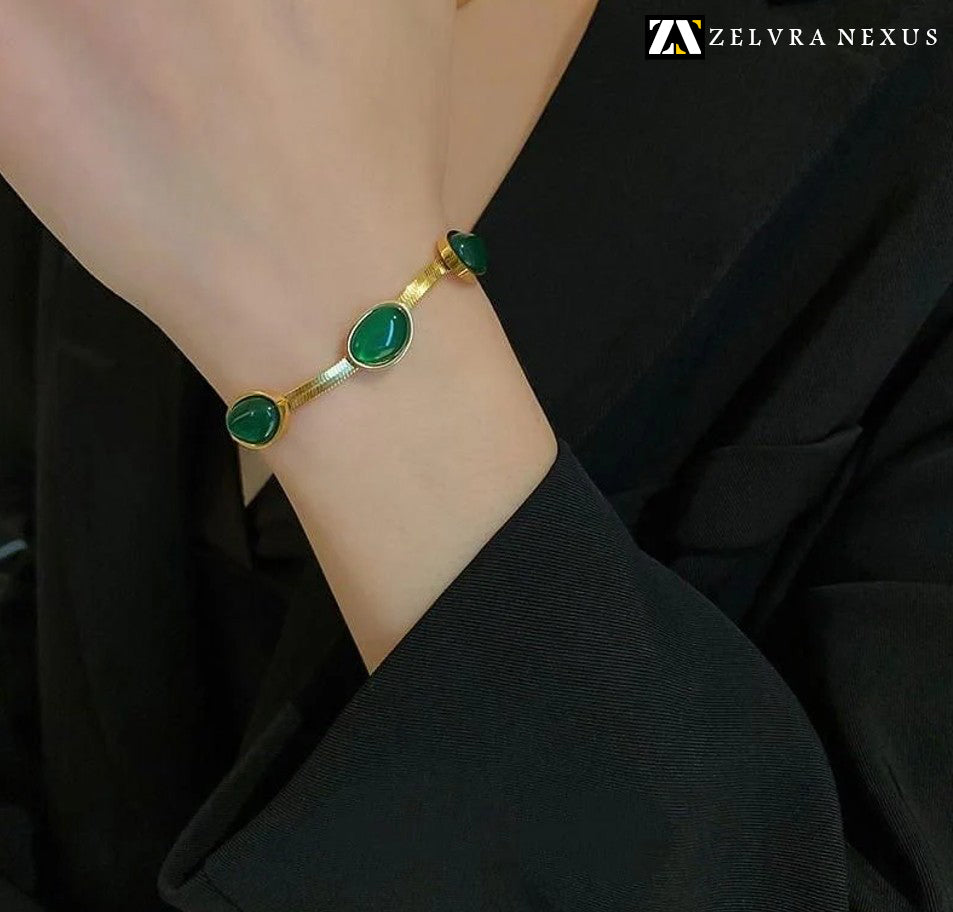 Oval Green Crystal Pendant Necklace Set With Bracelet