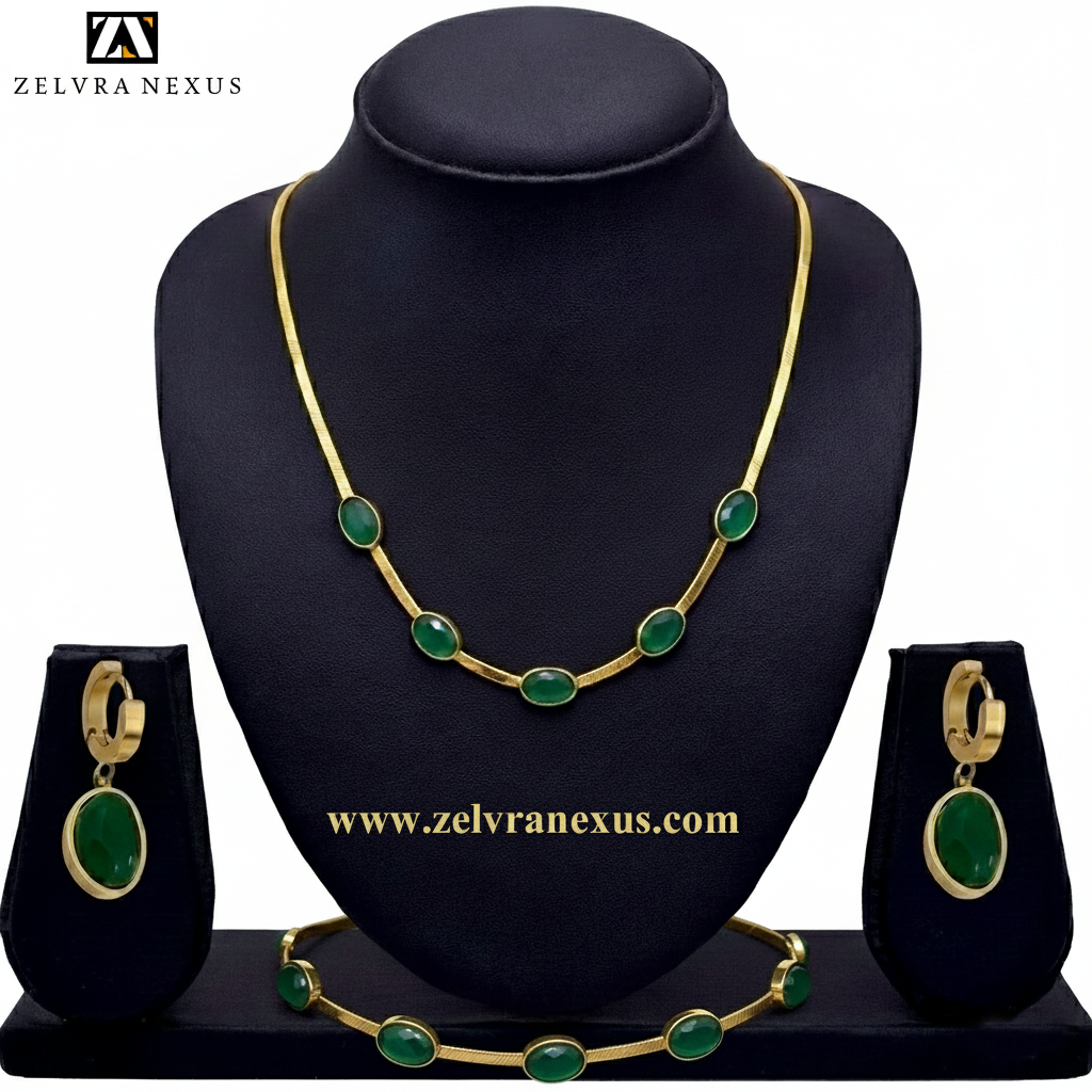 Oval Green Crystal Pendant Necklace Set With Bracelet