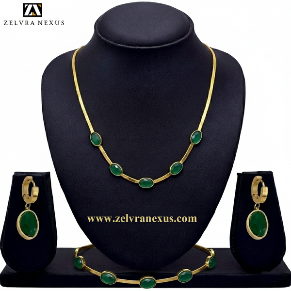 Oval Green Crystal Pendant Necklace Set With Bracelet