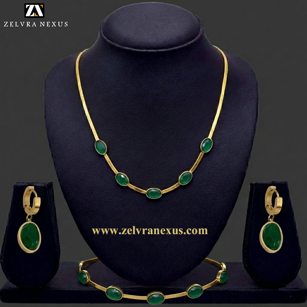 Oval Green Crystal Pendant Necklace Set With Bracelet