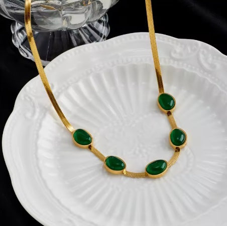 Oval Green Crystal Pendant Necklace Set With Bracelet