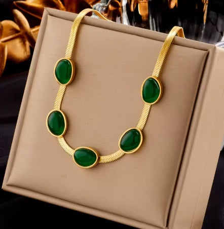 Oval Green Crystal Pendant Necklace Set With Bracelet