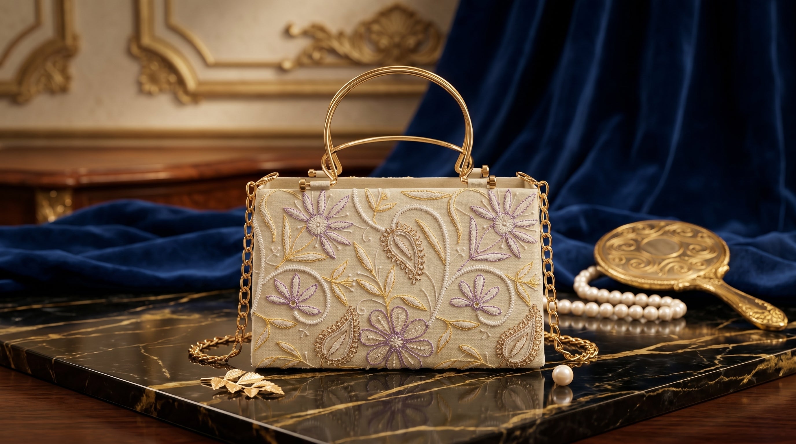 Zelvra Nexus: The Royal Lavender & Gold Chikankari Handbag