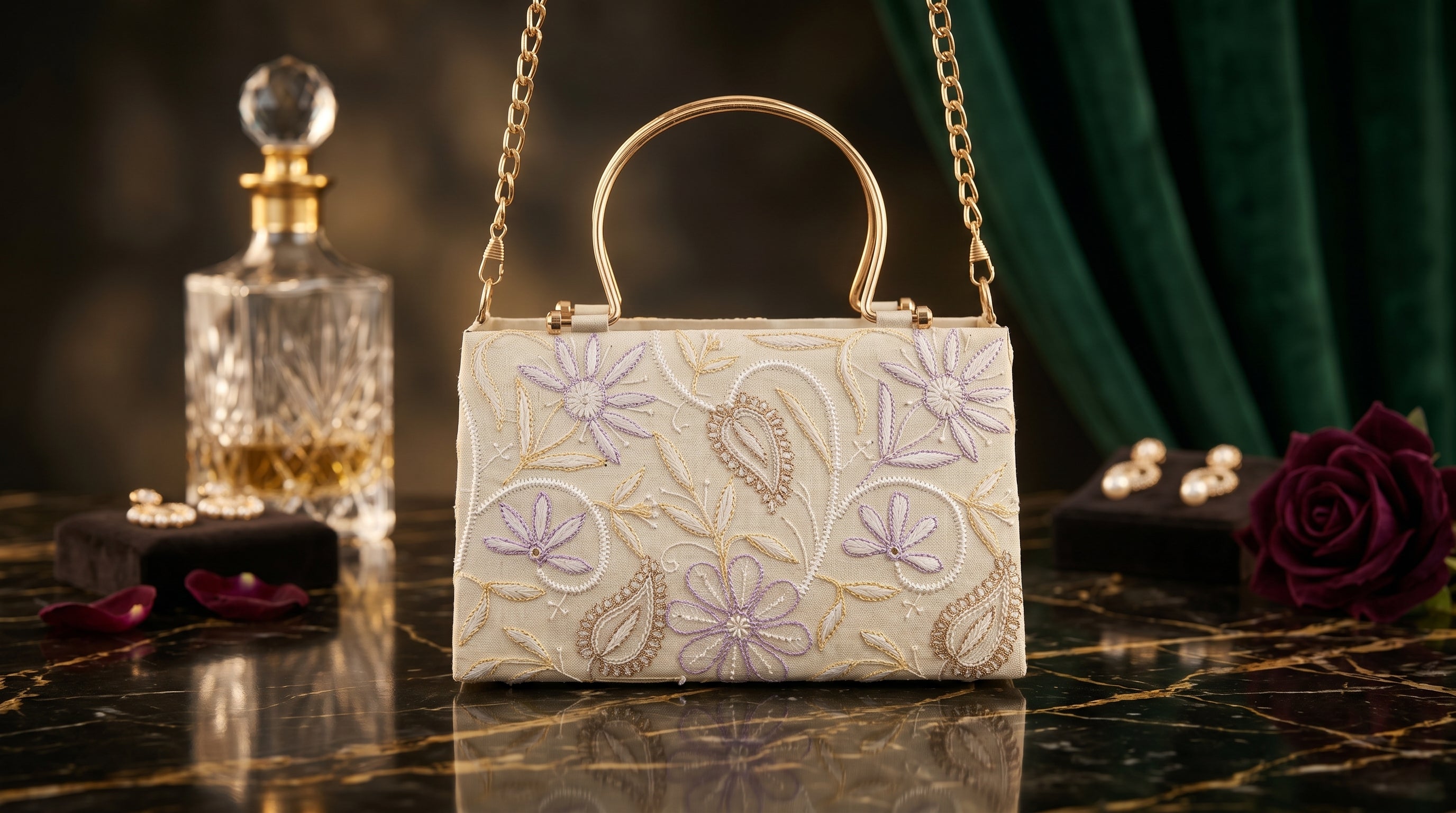 Zelvra Nexus: The Royal Lavender & Gold Chikankari Handbag