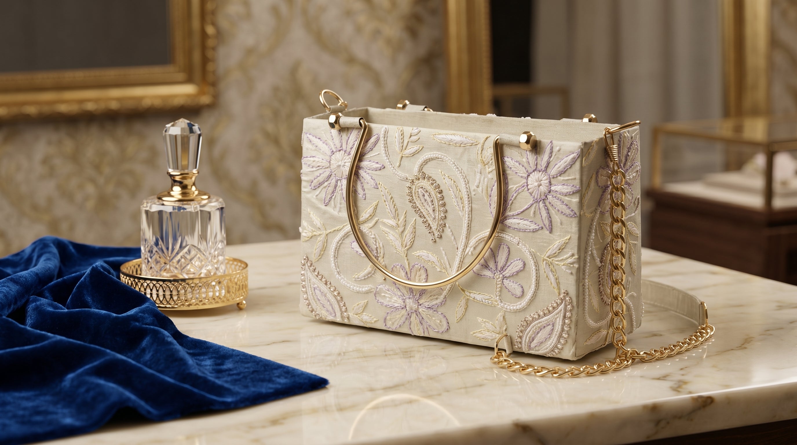 Zelvra Nexus: The Royal Lavender & Gold Chikankari Handbag