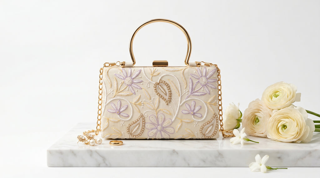 Zelvra Nexus: The Royal Lavender & Gold Chikankari Handbag