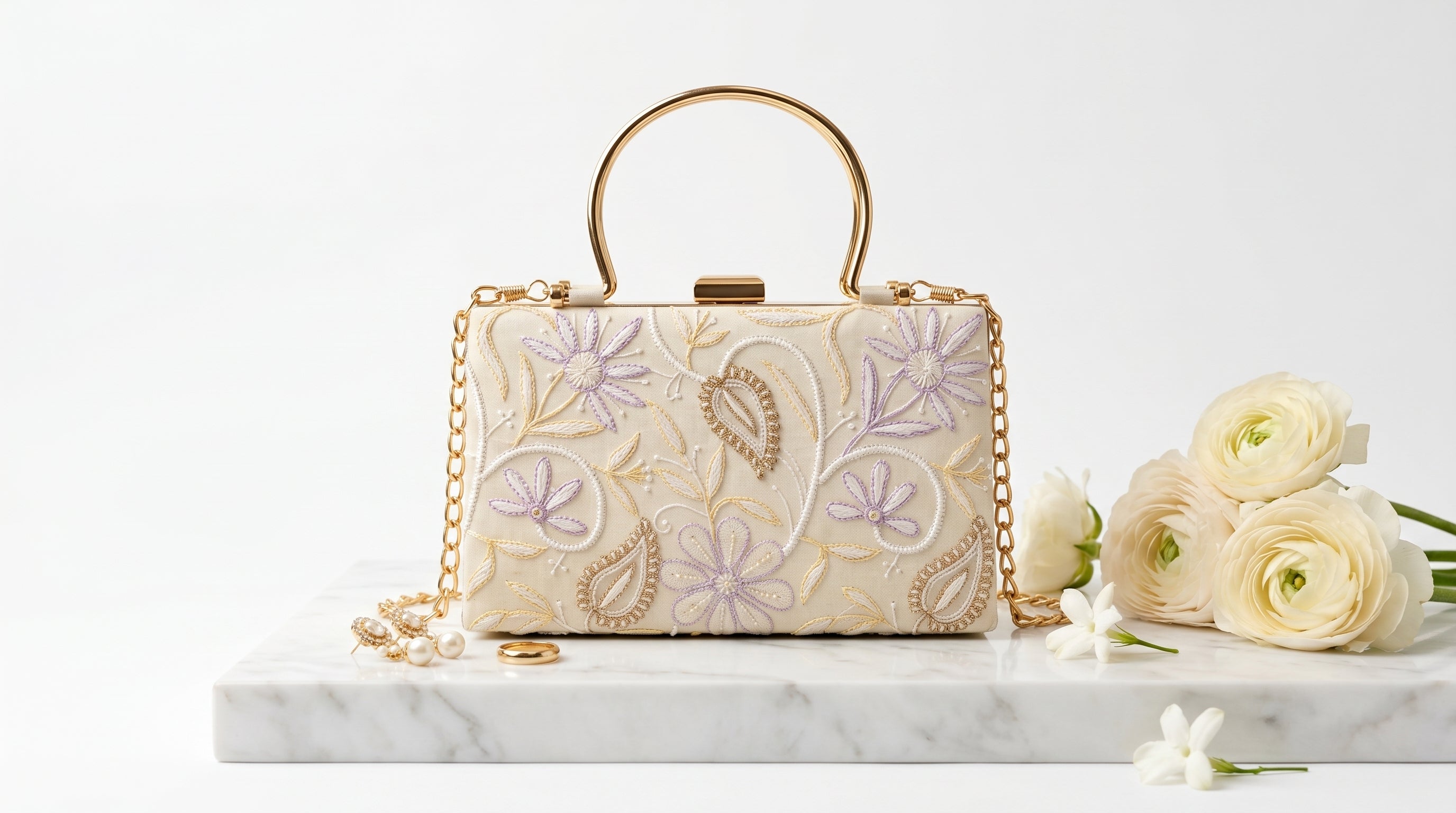 Zelvra Nexus: The Royal Lavender & Gold Chikankari Handbag